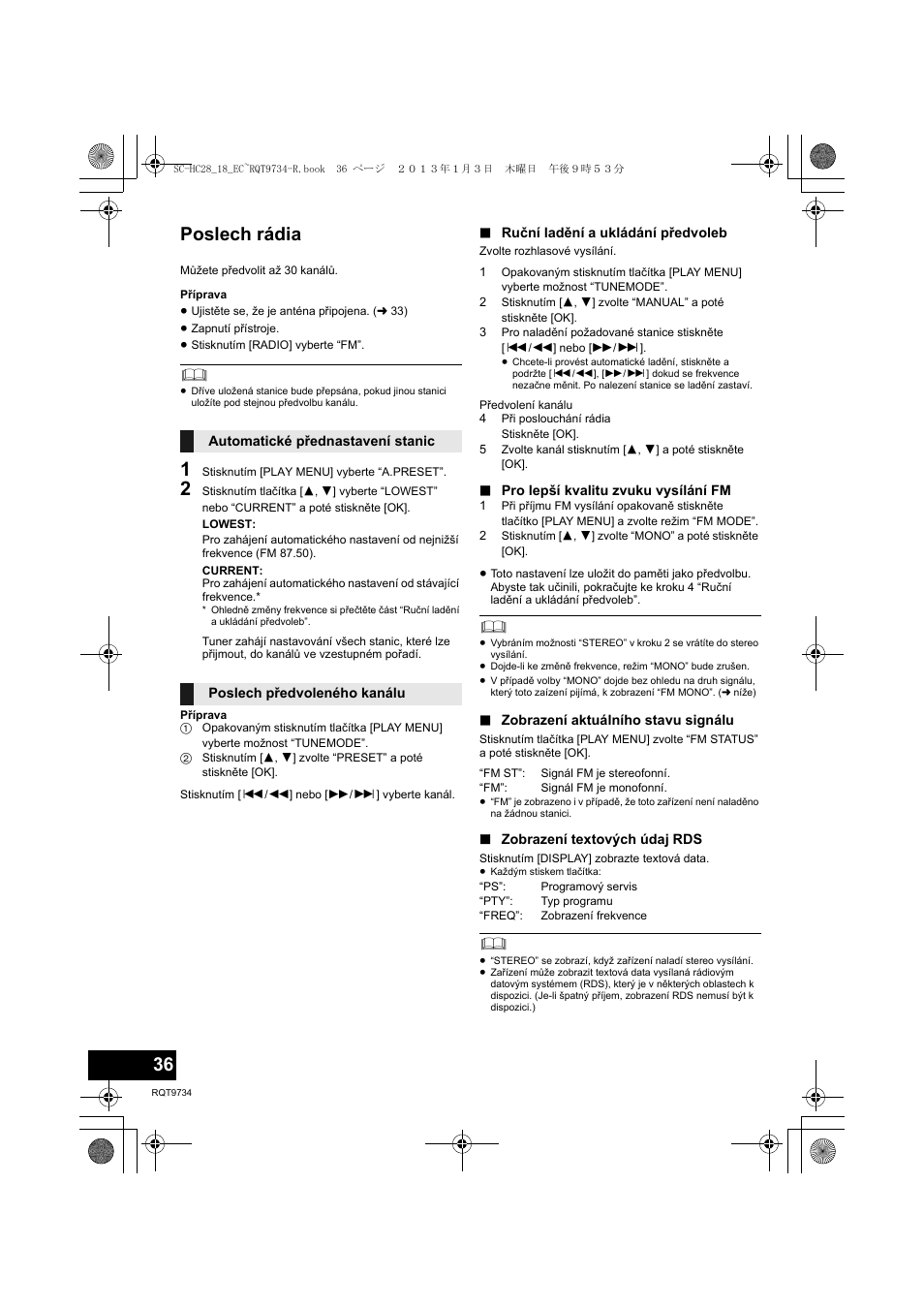 Poslech rádia | Panasonic SCHC28EC User Manual | Page 36 / 100