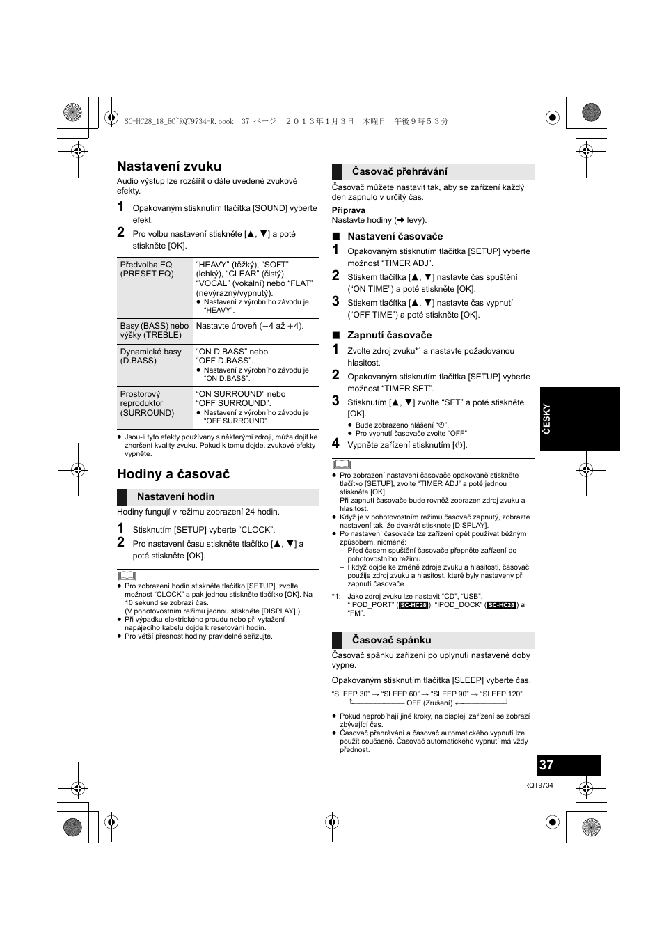 Nastavení zvuku, Hodiny a časovač | Panasonic SCHC28EC User Manual | Page 37 / 100