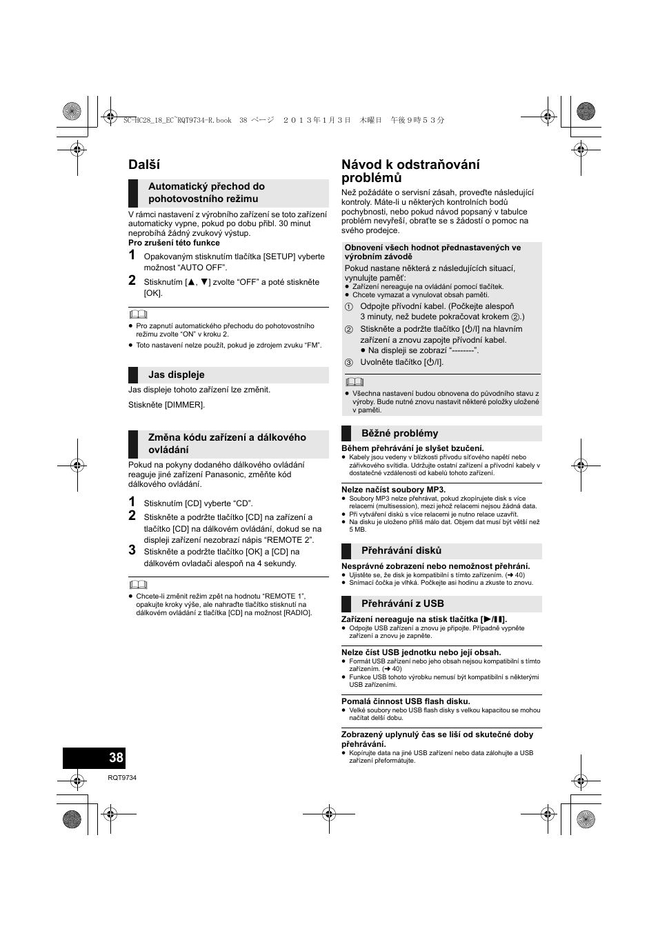 Další, Návod k odstraňování problémů | Panasonic SCHC28EC User Manual | Page 38 / 100
