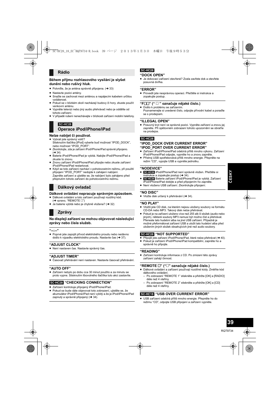 Rádio, Operace ipod/iphone/ipad dálkový ovladač zprávy | Panasonic SCHC28EC User Manual | Page 39 / 100