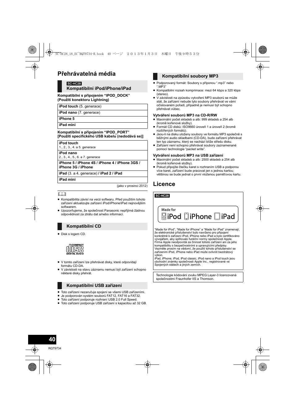 Přehrávatelná média, Licence | Panasonic SCHC28EC User Manual | Page 40 / 100