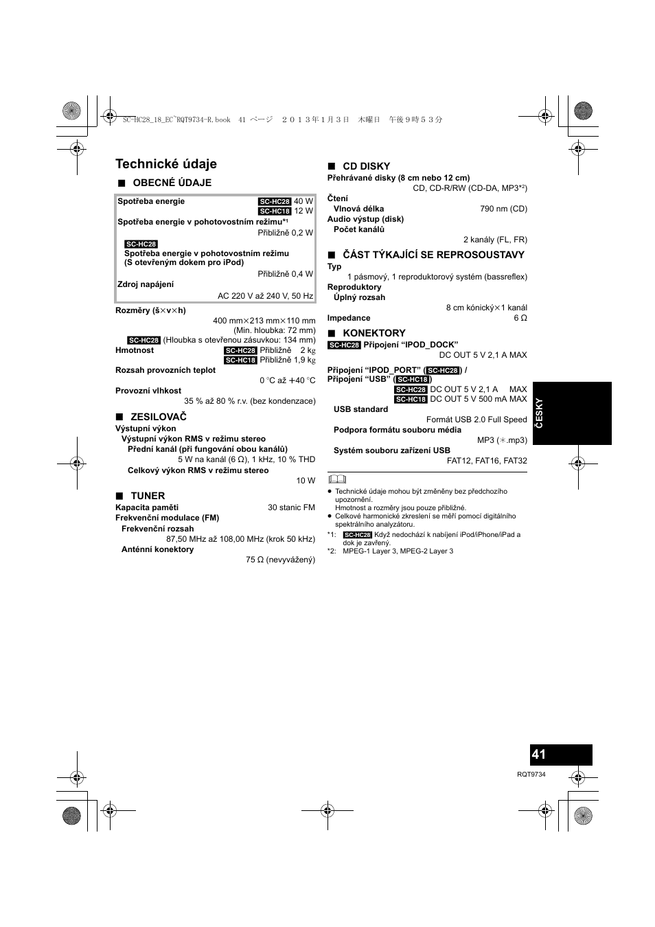 Technické údaje | Panasonic SCHC28EC User Manual | Page 41 / 100