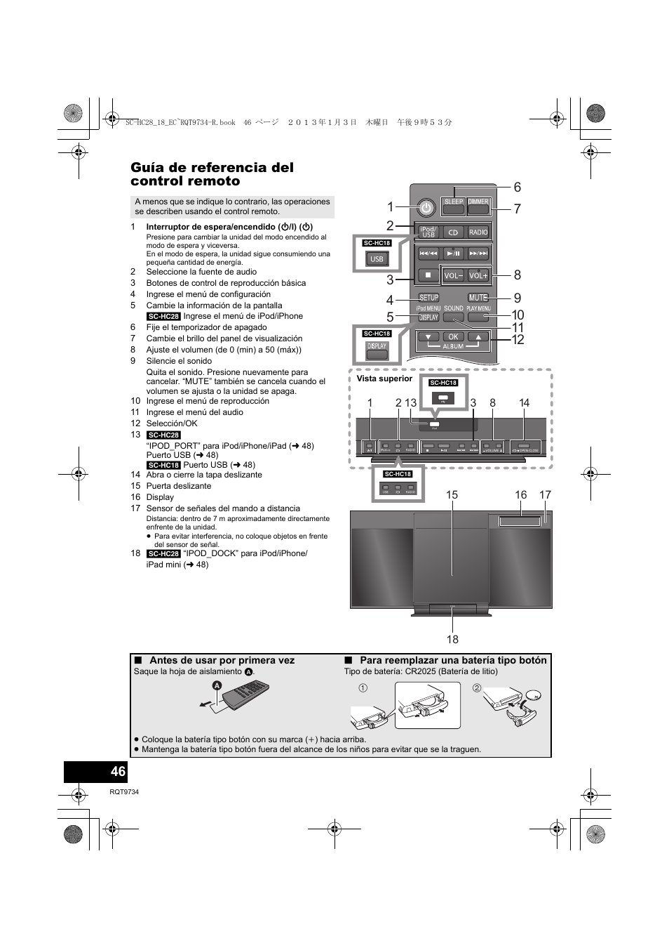 Guía de referencia del control remoto | Panasonic SCHC28EC User Manual | Page 46 / 100
