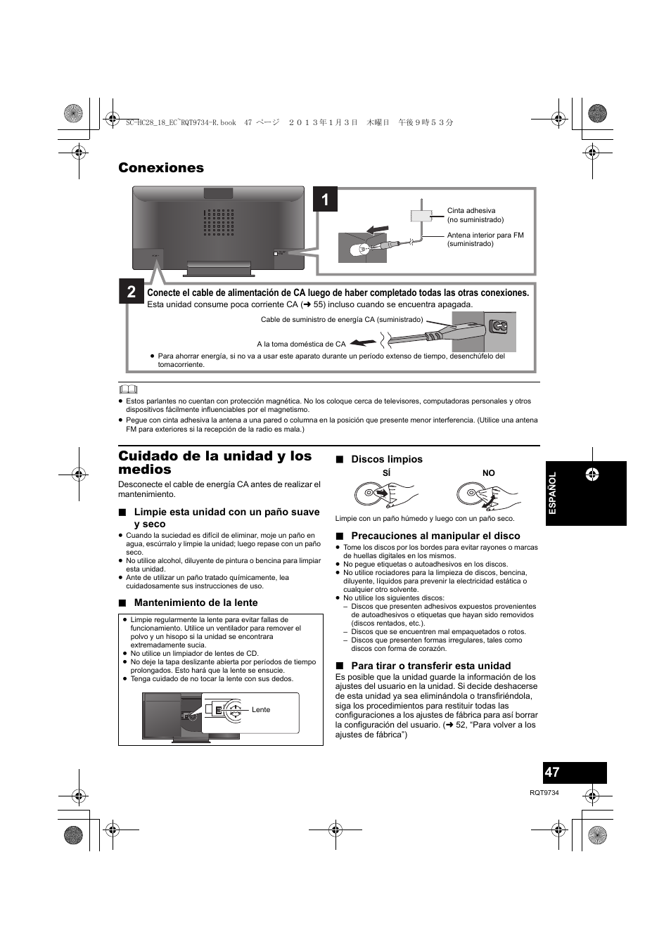 Conexiones, Cuidado de la unidad y los medios | Panasonic SCHC28EC User Manual | Page 47 / 100