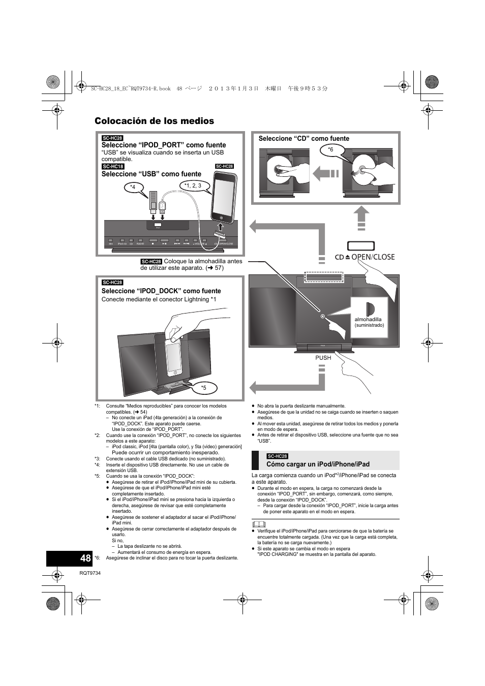Colocación de los medios, Seleccione “ipod_port” como fuente, Seleccione “usb” como fuente | Panasonic SCHC28EC User Manual | Page 48 / 100