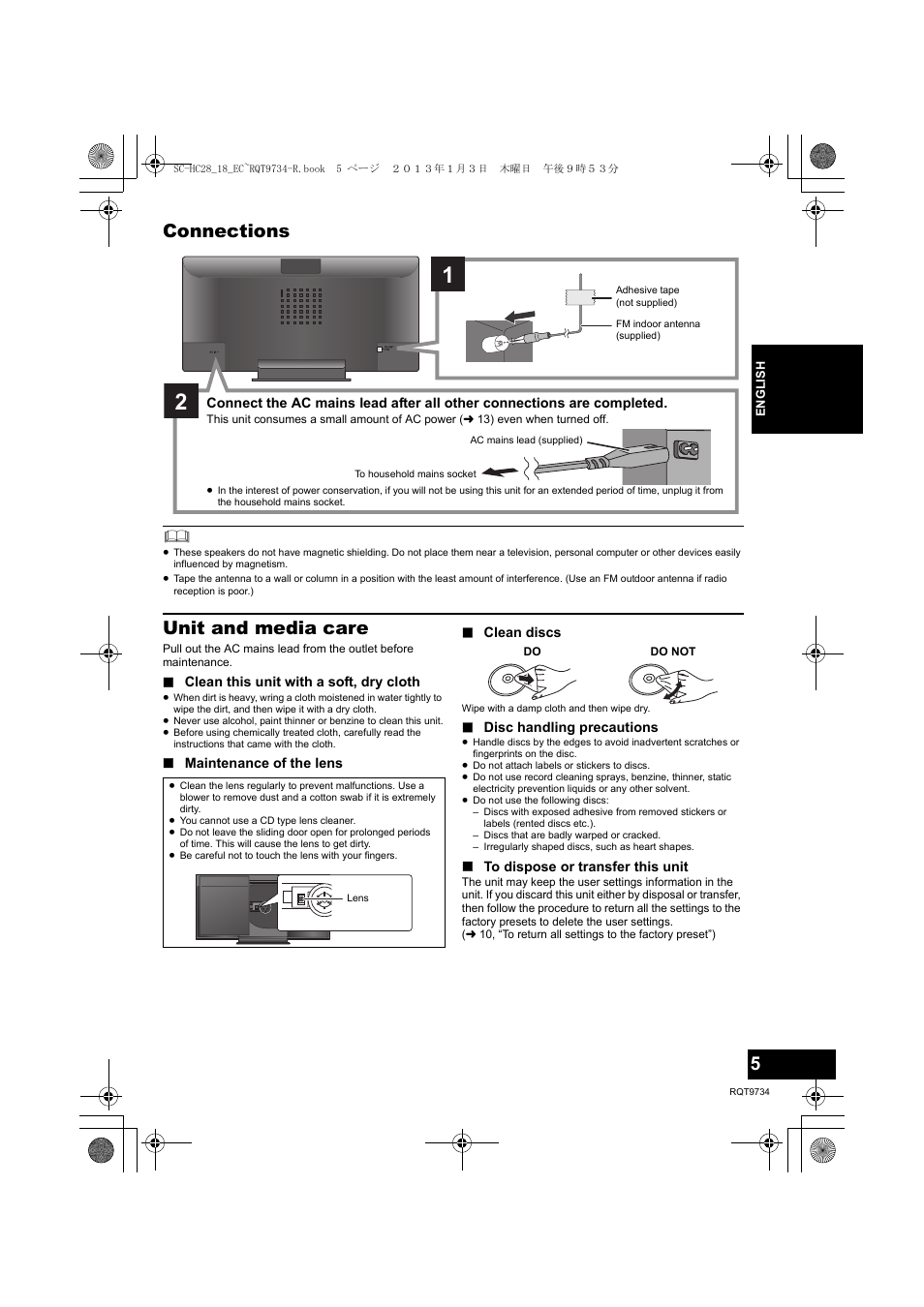 Connections, Unit and media care | Panasonic SCHC28EC User Manual | Page 5 / 100