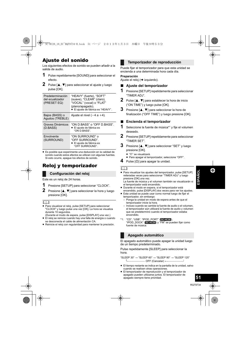 Ajuste del sonido, Reloj y temporizador | Panasonic SCHC28EC User Manual | Page 51 / 100