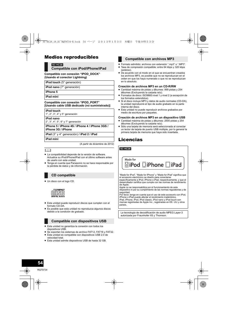 Medios reproducibles, Licencias | Panasonic SCHC28EC User Manual | Page 54 / 100
