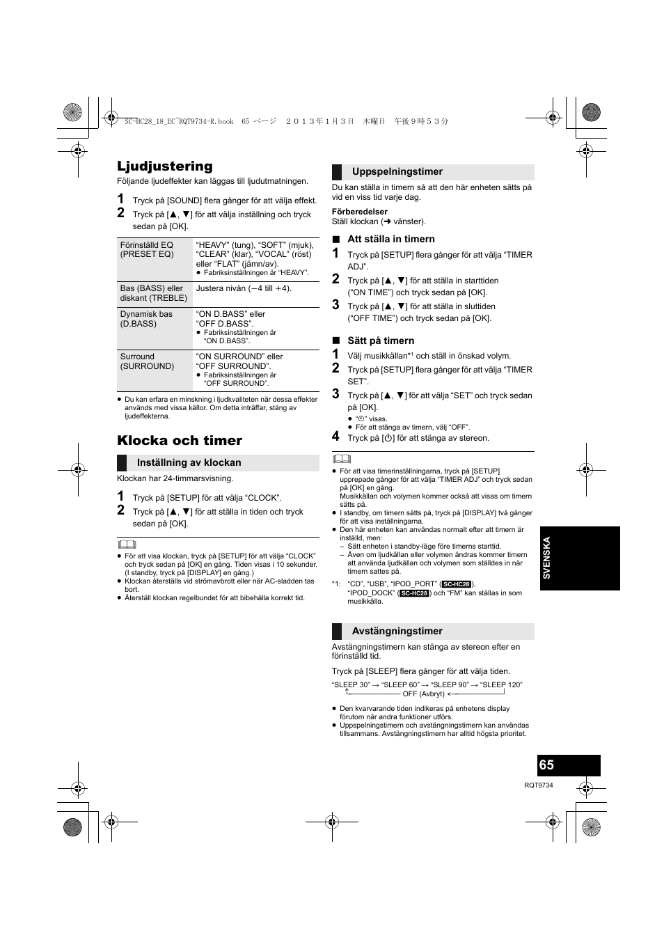 Ljudjustering, Klocka och timer | Panasonic SCHC28EC User Manual | Page 65 / 100