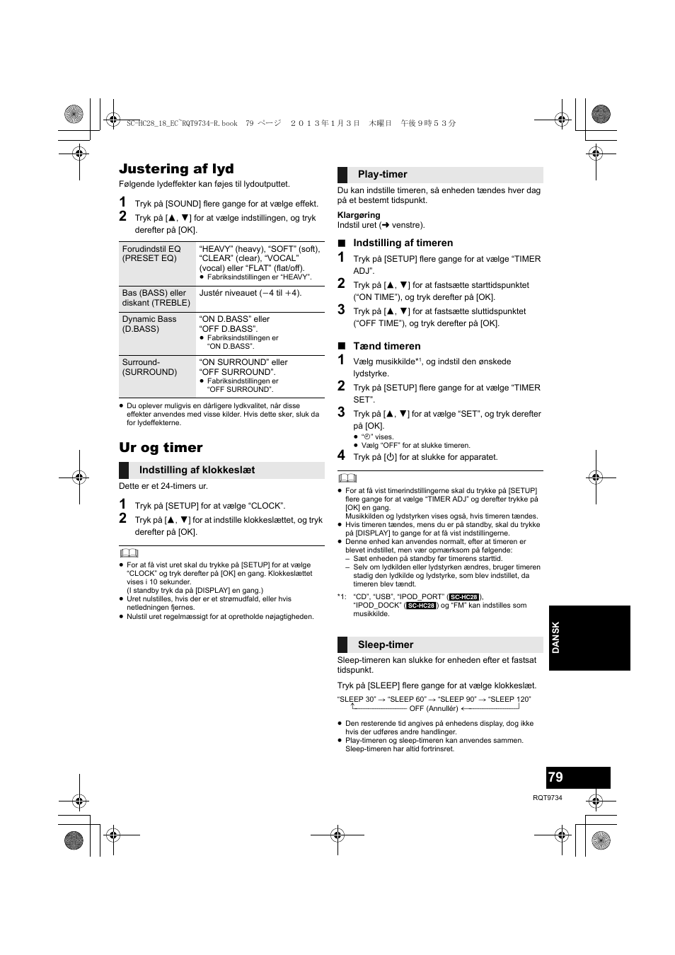 Justering af lyd, Ur og timer | Panasonic SCHC28EC User Manual | Page 79 / 100