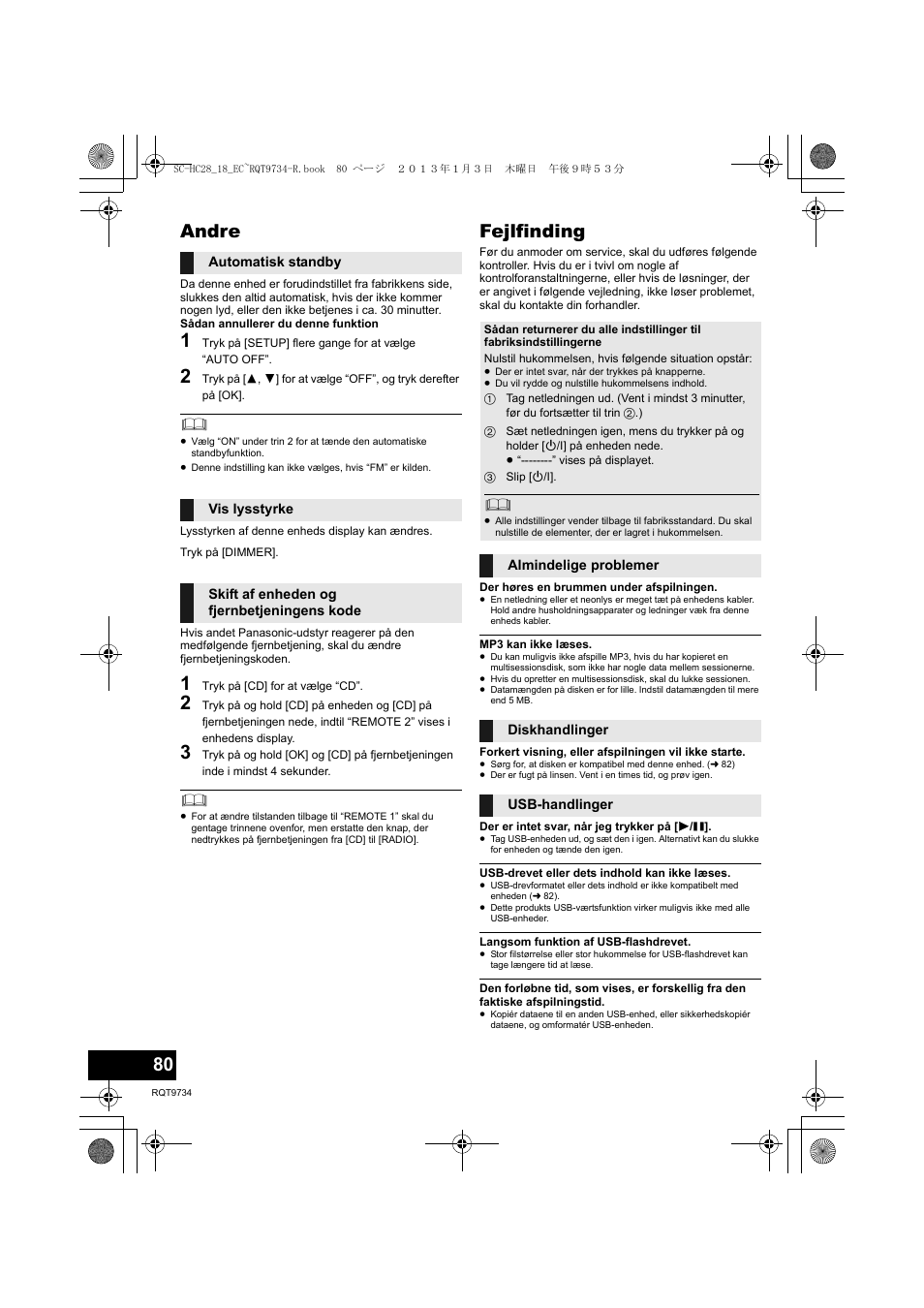 Andre, Fejlfinding | Panasonic SCHC28EC User Manual | Page 80 / 100