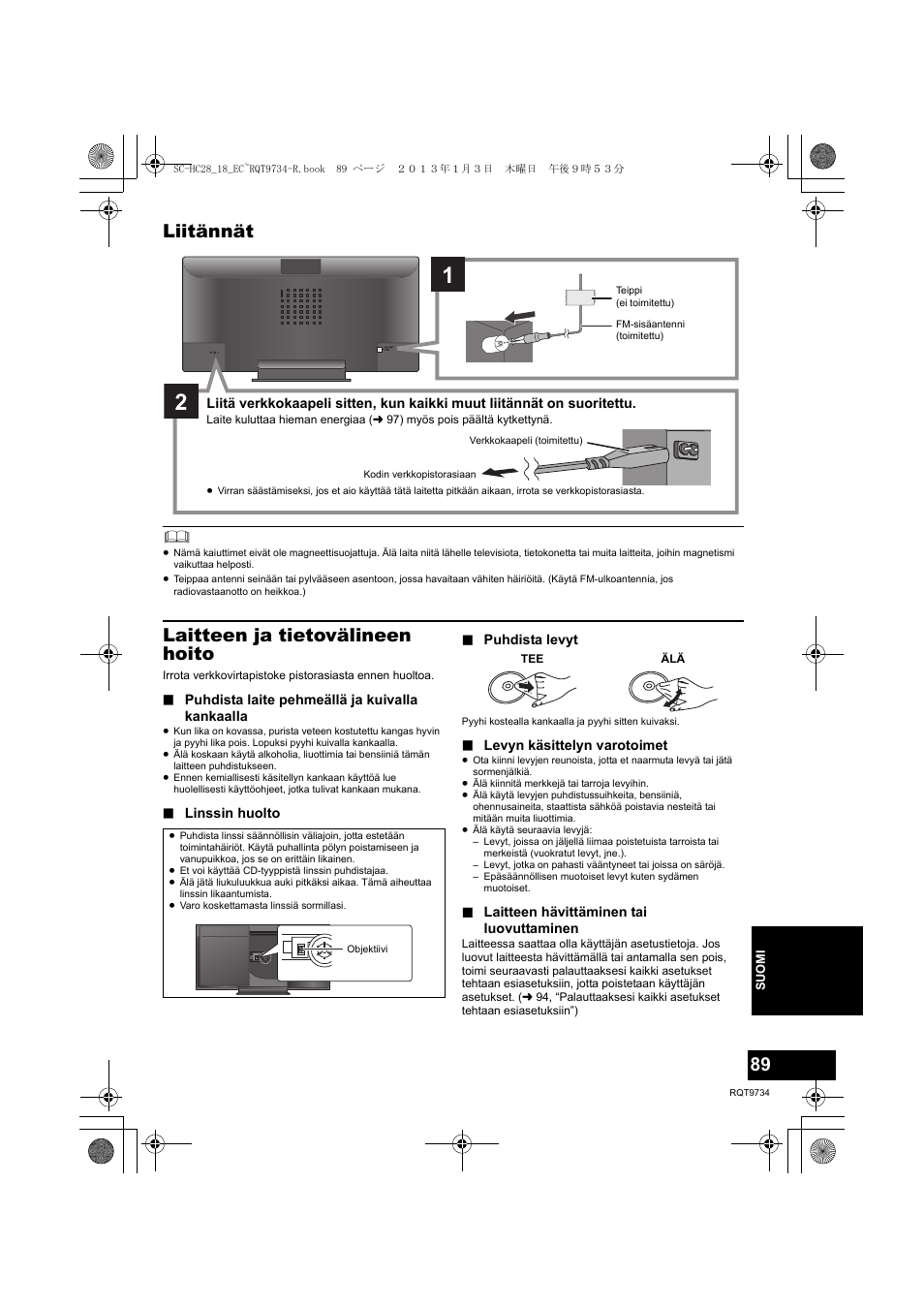 Liitännät, Laitteen ja tietovälineen hoito | Panasonic SCHC28EC User Manual | Page 89 / 100