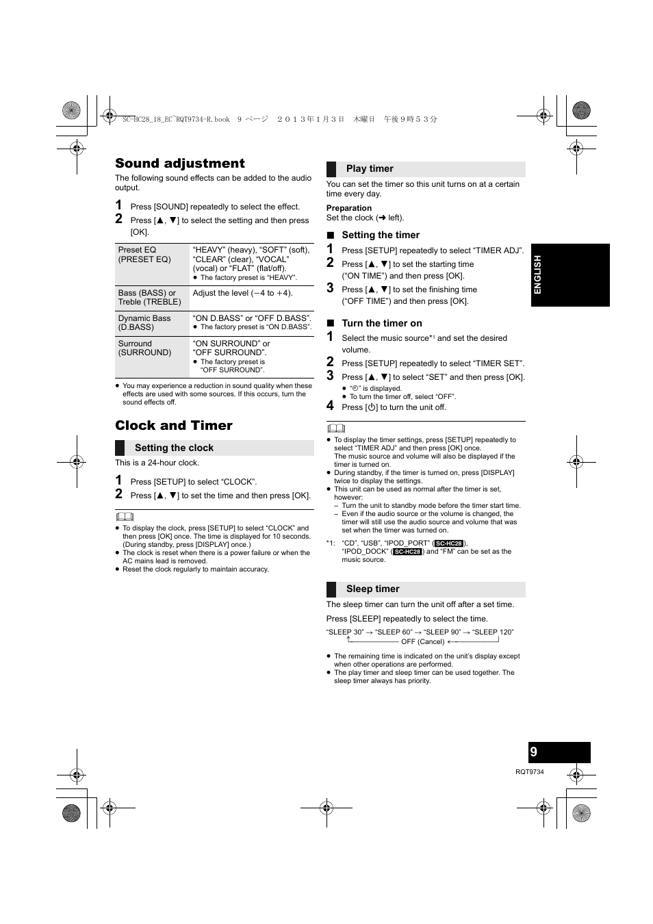 Sound adjustment, Clock and timer | Panasonic SCHC28EC User Manual | Page 9 / 100
