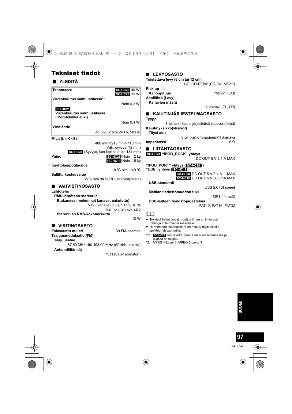 Tekniset tiedot | Panasonic SCHC28EC User Manual | Page 97 / 100