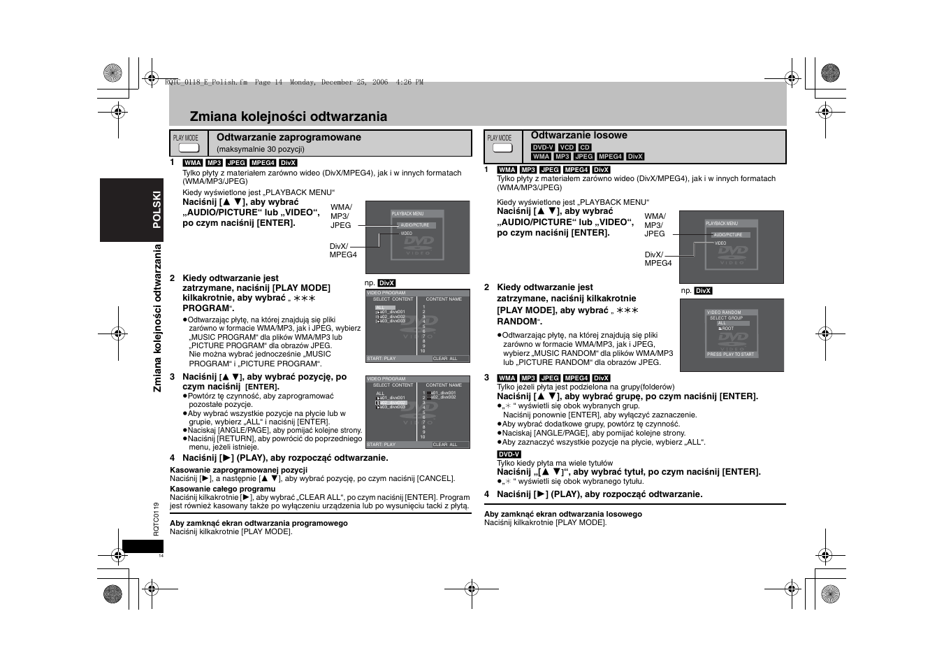 Zmiana kolejności odtwarzania | Panasonic DVDS33 User Manual | Page 14 / 72
