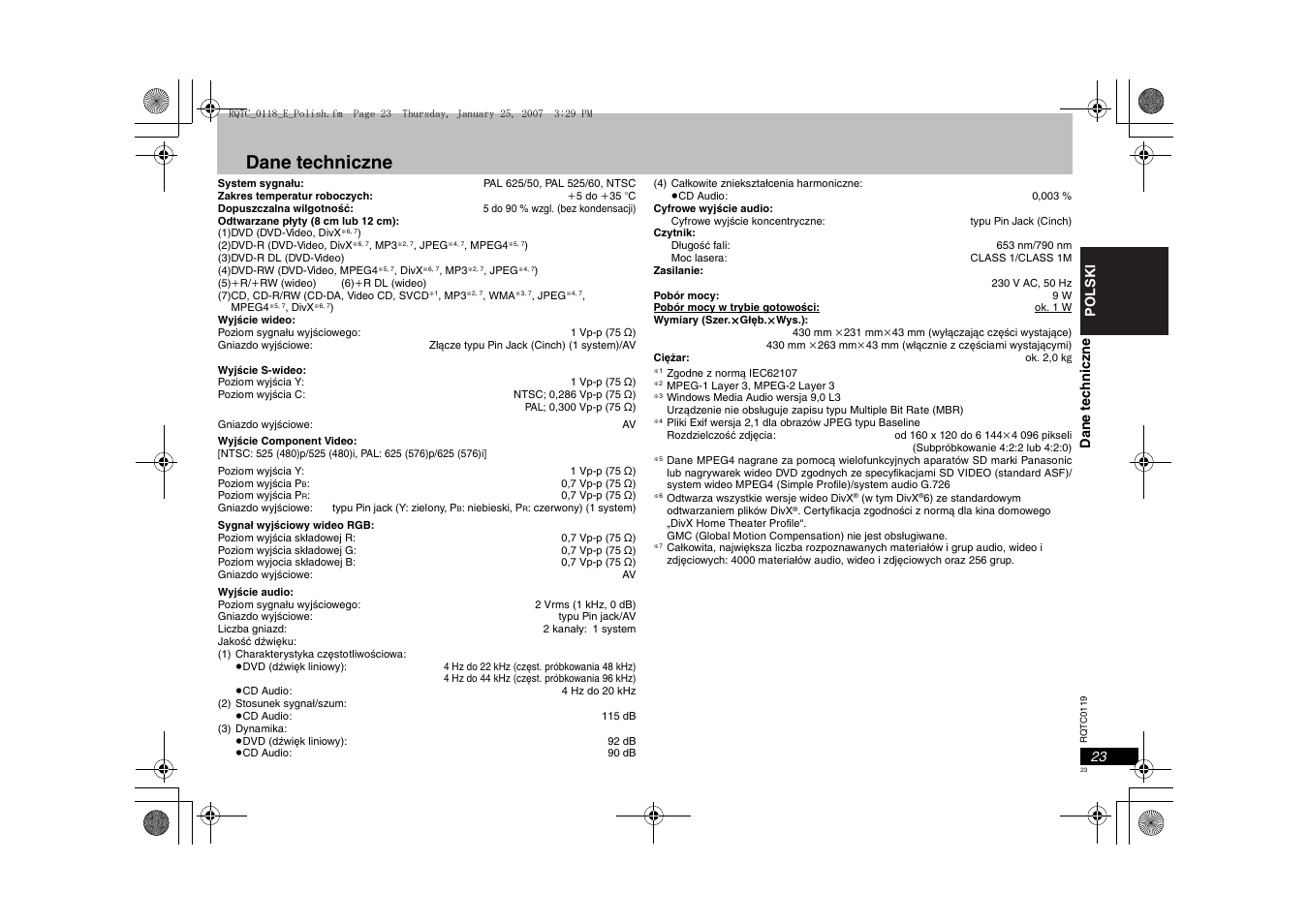 Dane techniczne | Panasonic DVDS33 User Manual | Page 23 / 72