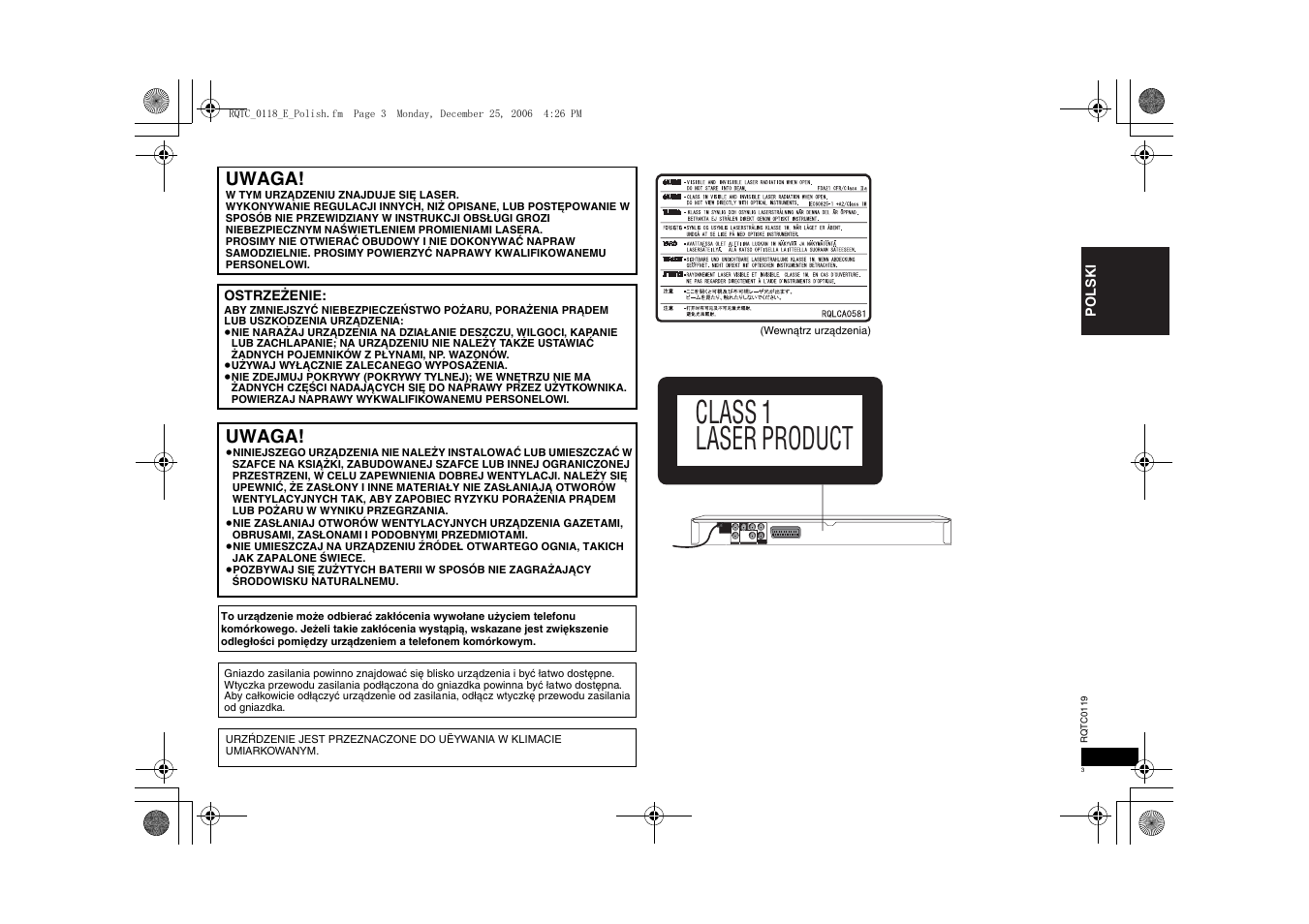Class 1 laser product, Uwaga | Panasonic DVDS33 User Manual | Page 3 / 72