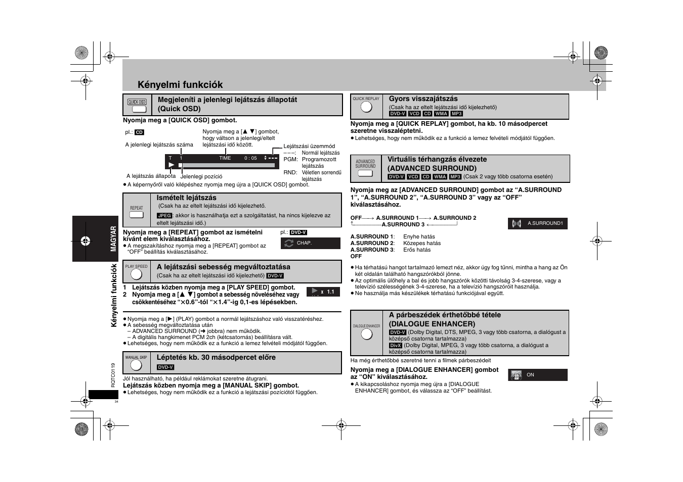 Kényelmi funkciók | Panasonic DVDS33 User Manual | Page 34 / 72