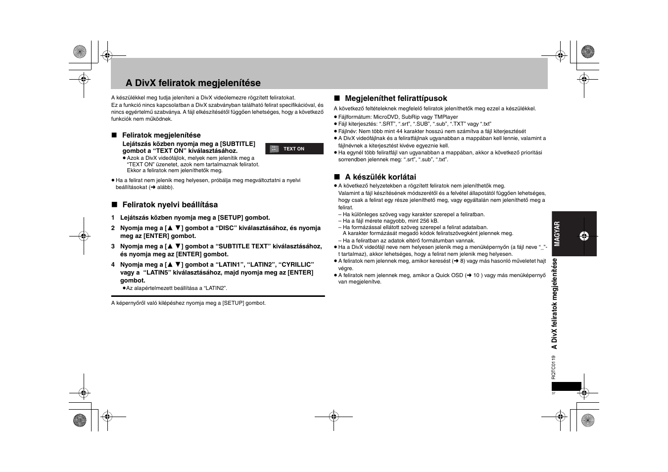 A divx feliratok megjelenítése | Panasonic DVDS33 User Manual | Page 37 / 72