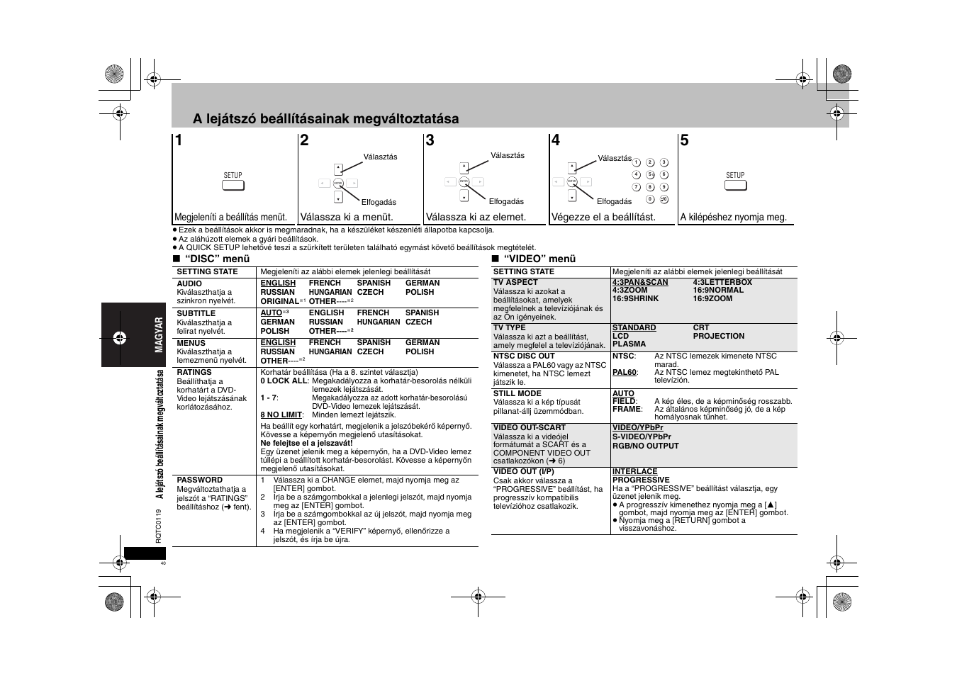 A lejátszó beállításainak megváltoztatása | Panasonic DVDS33 User Manual | Page 40 / 72