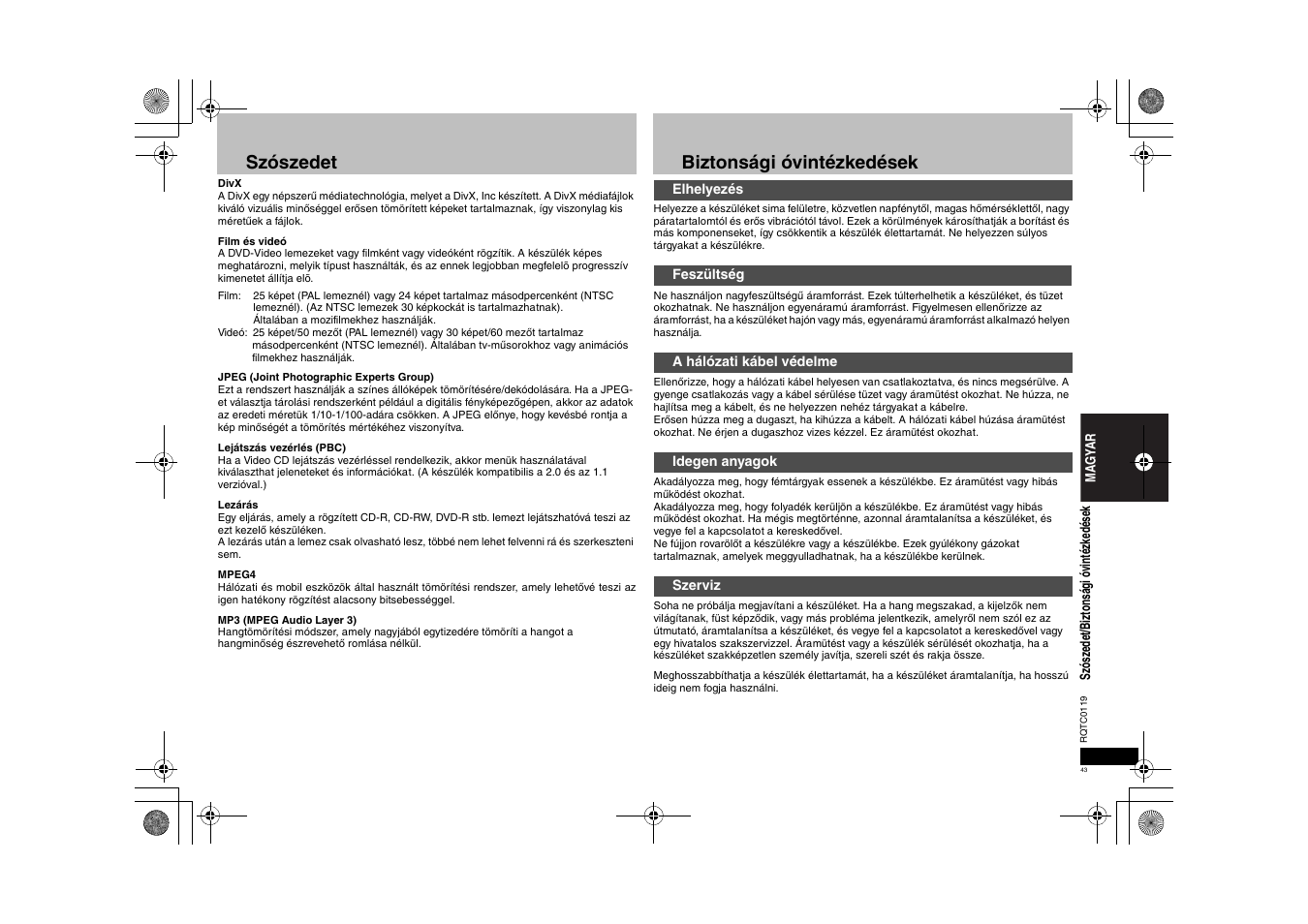 Szószedet, Biztonsági óvintézkedések | Panasonic DVDS33 User Manual | Page 43 / 72