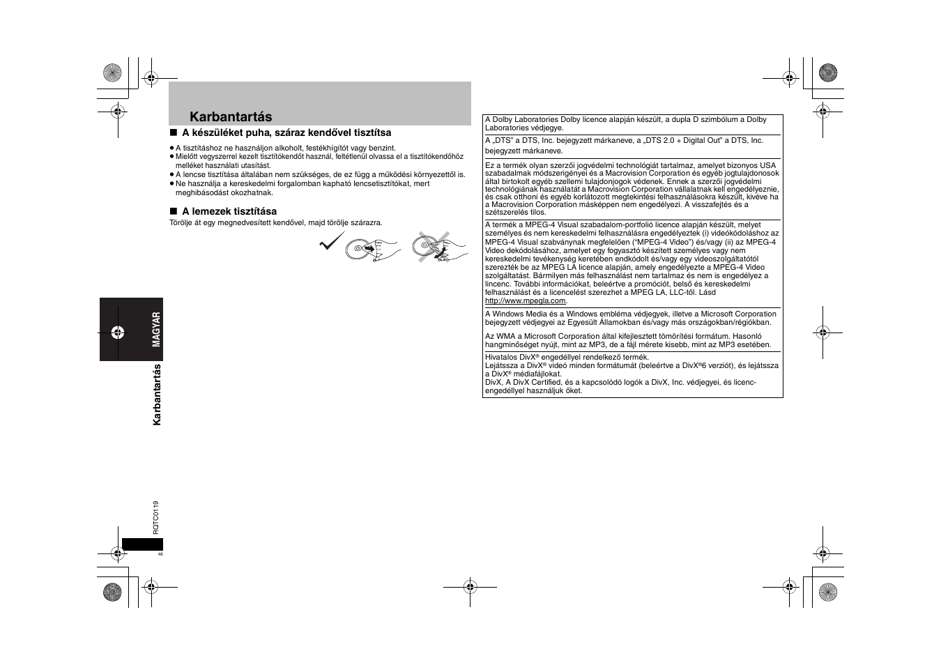 Karbantartás | Panasonic DVDS33 User Manual | Page 46 / 72