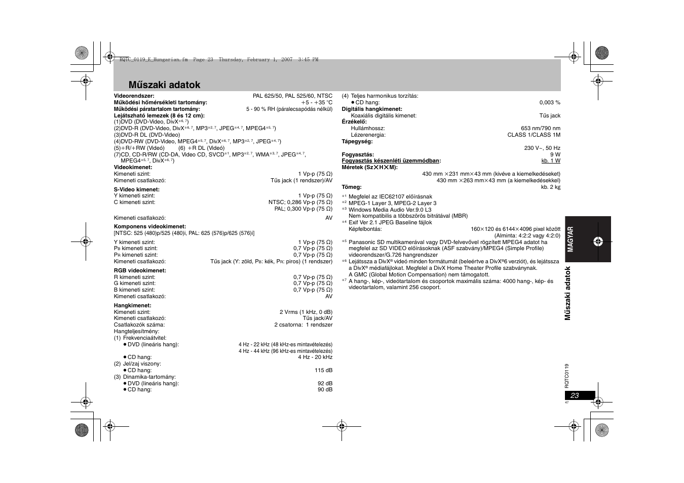 Műszaki adatok | Panasonic DVDS33 User Manual | Page 47 / 72