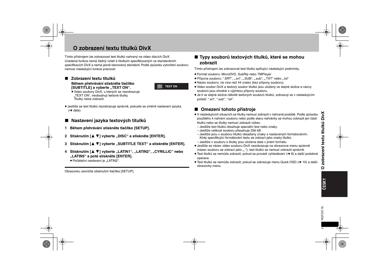 O zobrazení textu titulků divx | Panasonic DVDS33 User Manual | Page 59 / 72