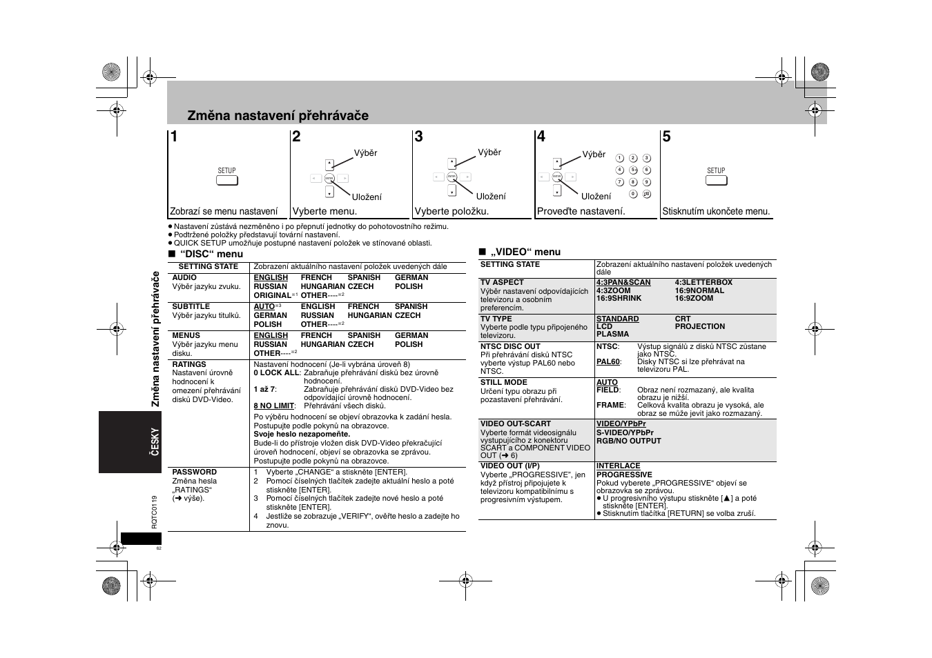 Změna nastavení přehrávače | Panasonic DVDS33 User Manual | Page 62 / 72