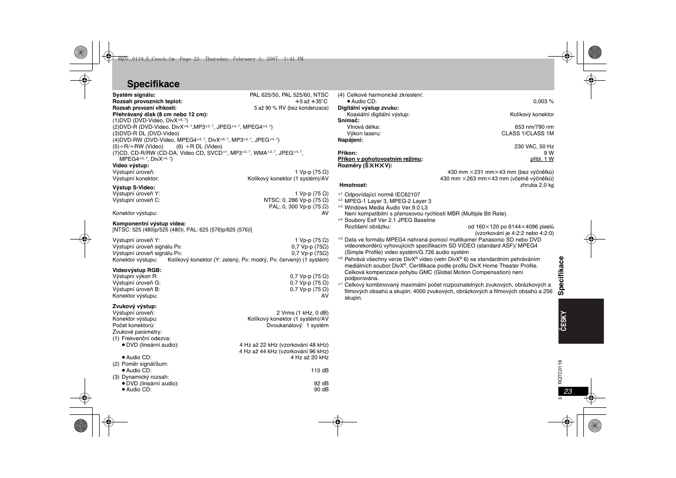 Specifikace | Panasonic DVDS33 User Manual | Page 69 / 72