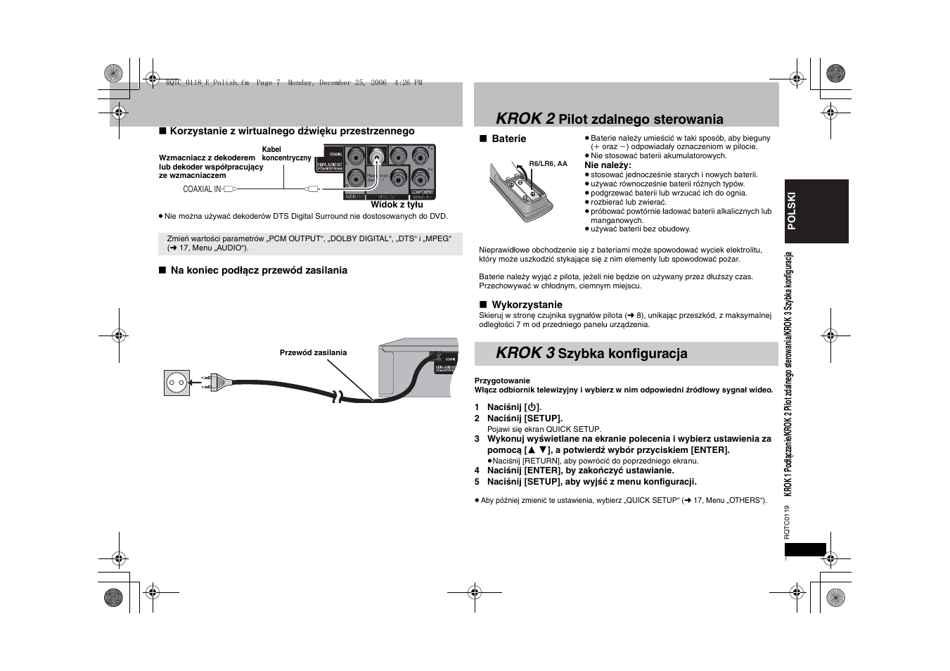 Krok 2, Krok 3, Pilot zdalnego sterowania | Szybka konfiguracja | Panasonic DVDS33 User Manual | Page 7 / 72