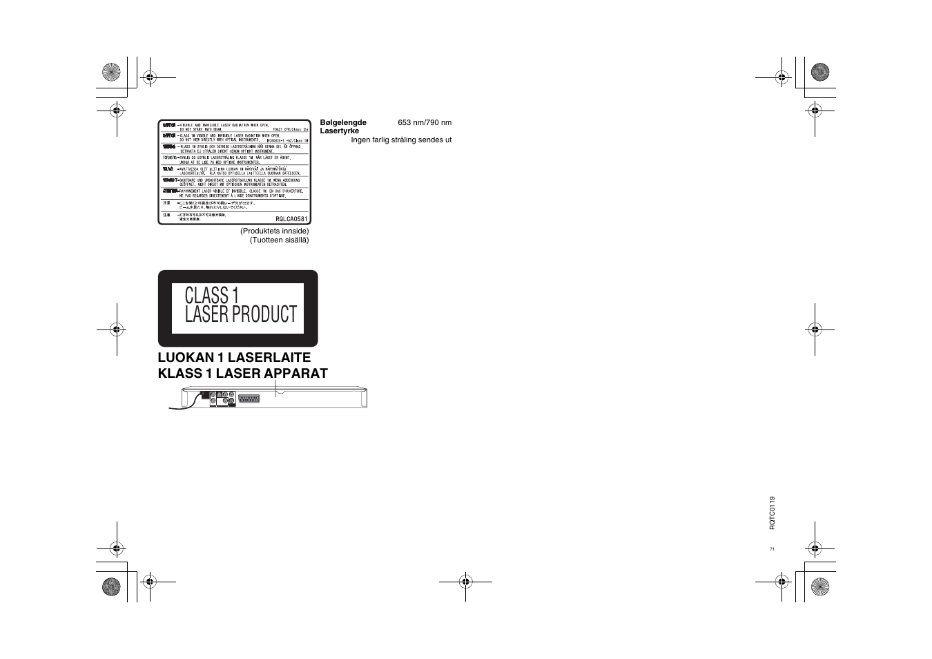 Class 1 laser product, Luokan 1 laserlaite klass 1 laser apparat | Panasonic DVDS33 User Manual | Page 71 / 72