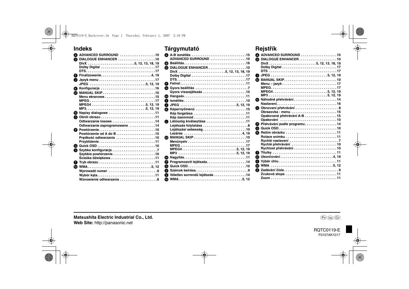 Indeks, Tárgymutató, Rejstřík | Panasonic DVDS33 User Manual | Page 72 / 72
