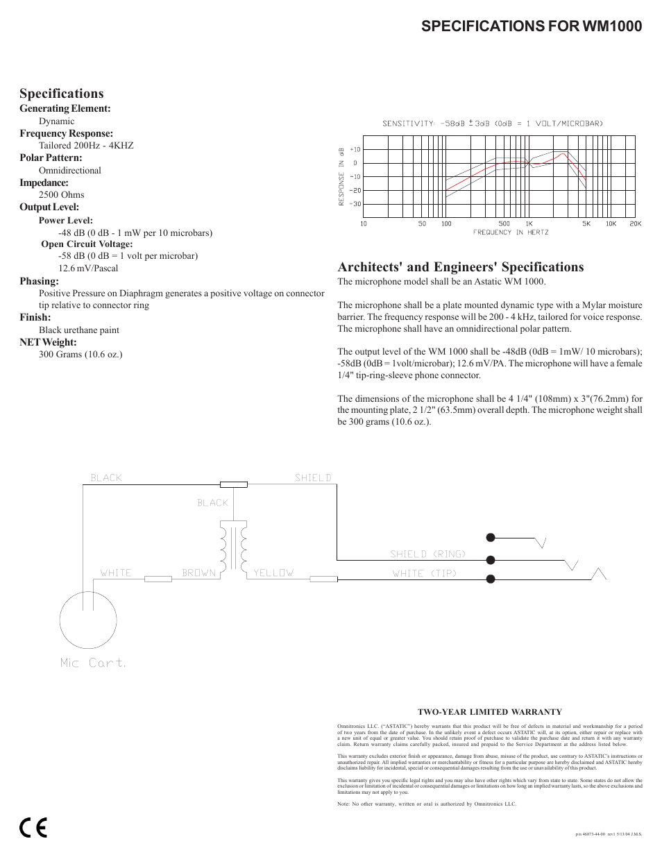 Specifications for wm1000, Architects' and engineers' specifications, Specifications | Mic cart, Generating element, Frequency response, Polar pattern, Impedance, Output level, Phasing | Astatic WM 1000 User Manual | Page 2 / 2