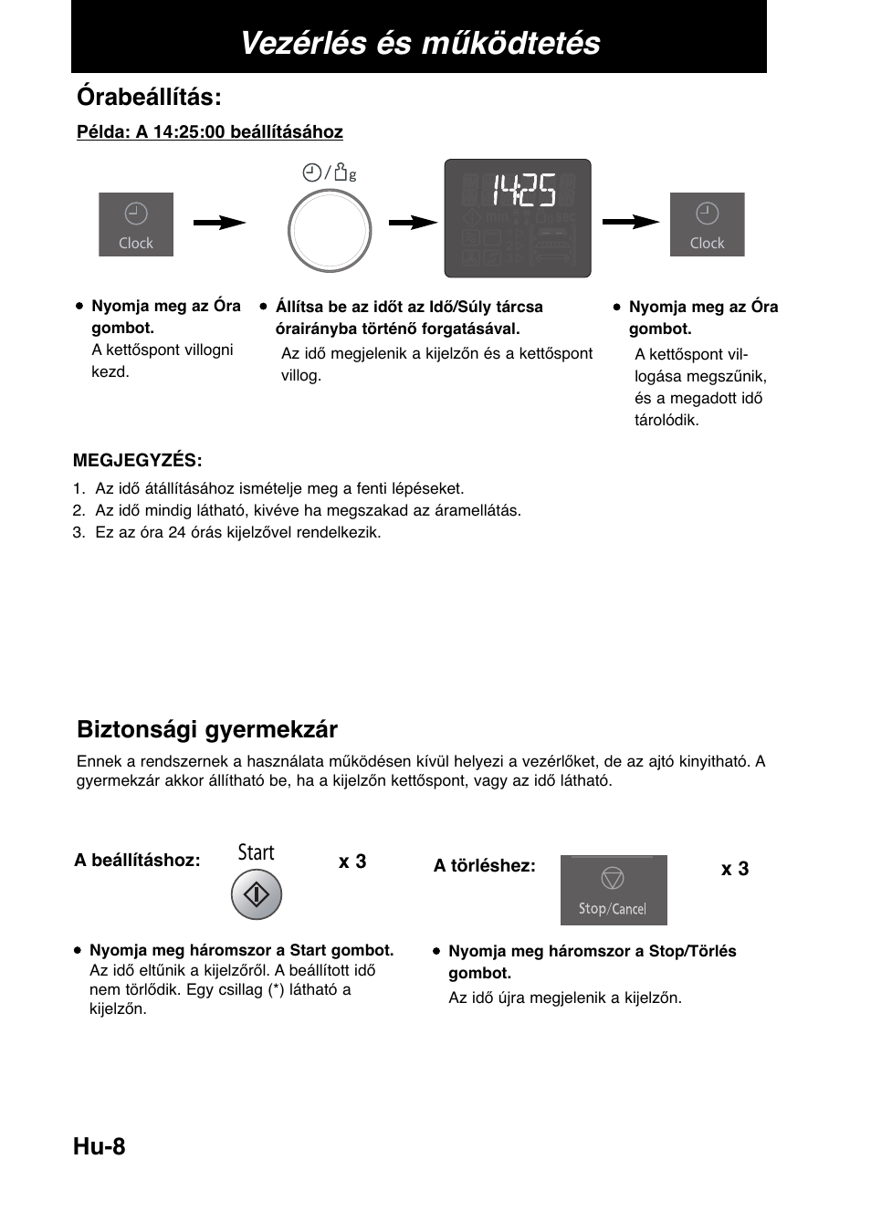 Vezérlés és működtetés, Hu-8 órabeállítás, Biztonsági gyermekzár | Start | Panasonic NNCD567MEPG User Manual | Page 10 / 28