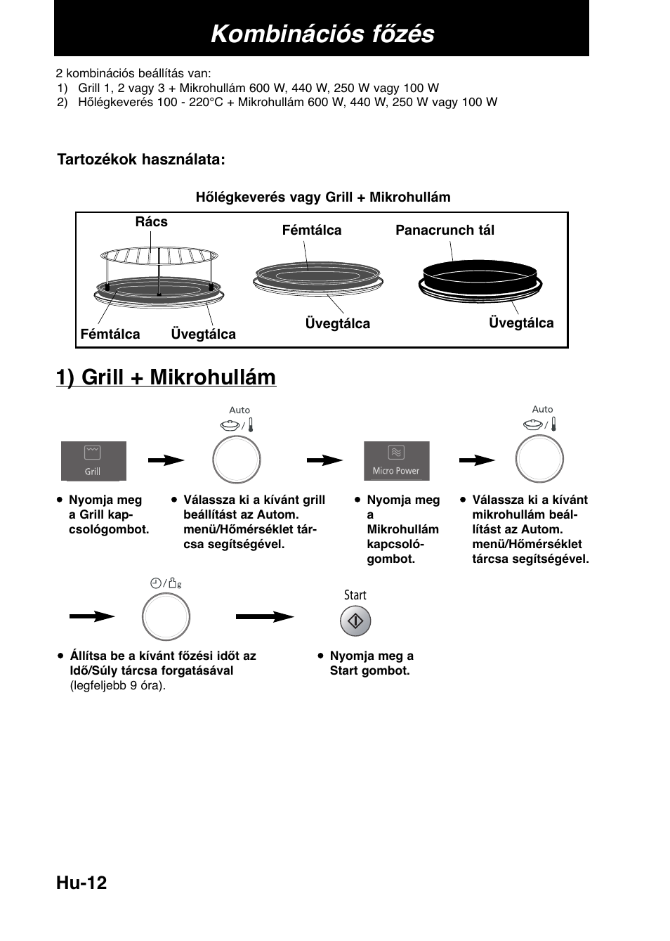 Kombinációs főzés, 1) grill + mikrohullám, Hu-12 | Panasonic NNCD567MEPG User Manual | Page 14 / 28