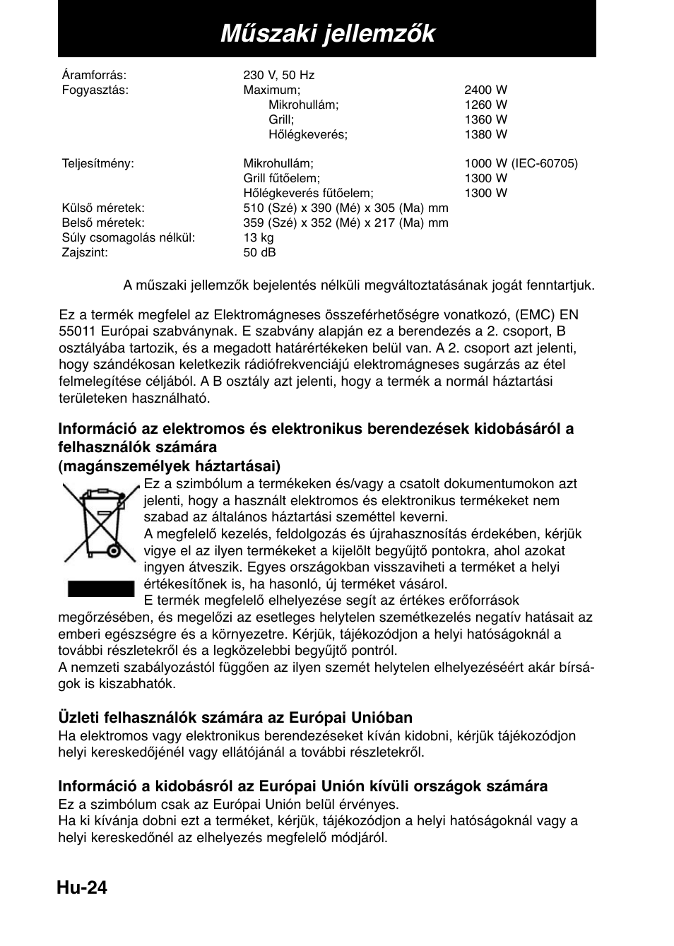 Műszaki jellemzők, Hu-24 | Panasonic NNCD567MEPG User Manual | Page 26 / 28