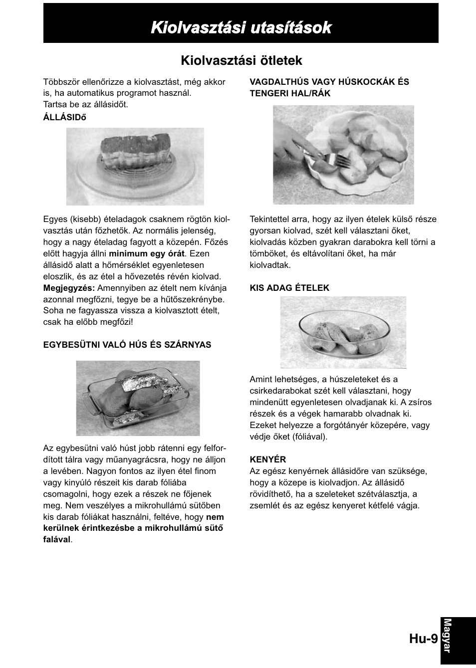 Kiolvasztási utasítások, Hu-9, Kiolvasztási ötletek | Panasonic NNGD368M User Manual | Page 11 / 21