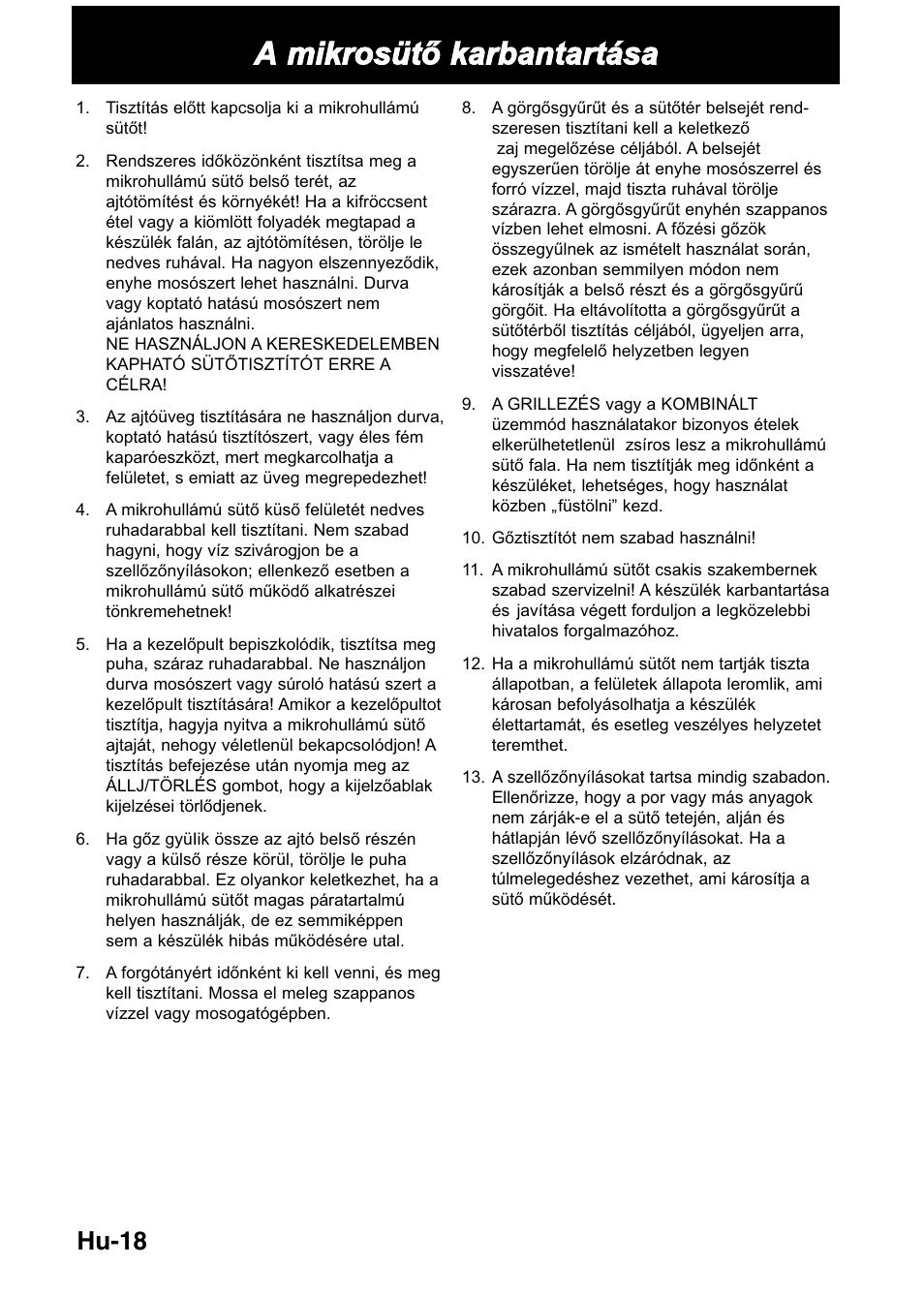 A mikrosütő karbantartása, Hu-18 | Panasonic NNGD368M User Manual | Page 20 / 21