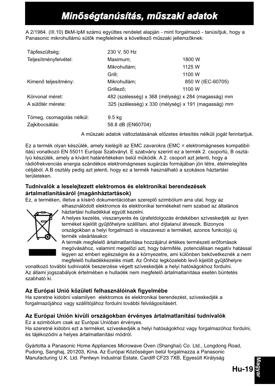Minőségtanúsítás, műszaki adatok, Hu-19 | Panasonic NNGD368M User Manual | Page 21 / 21