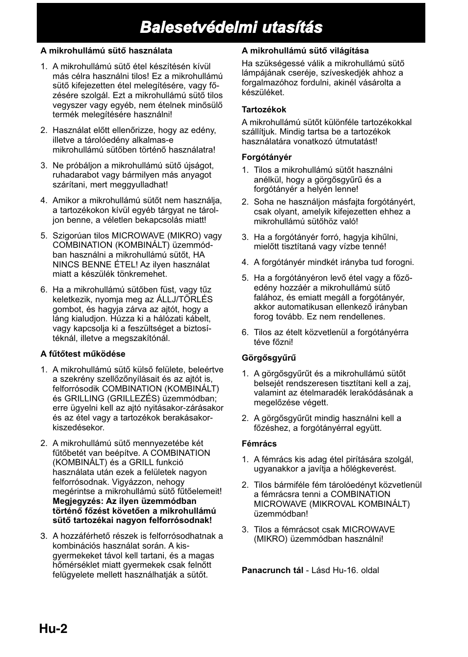 Balesetvédelmi utasítás, Hu-2 | Panasonic NNGD368M User Manual | Page 4 / 21