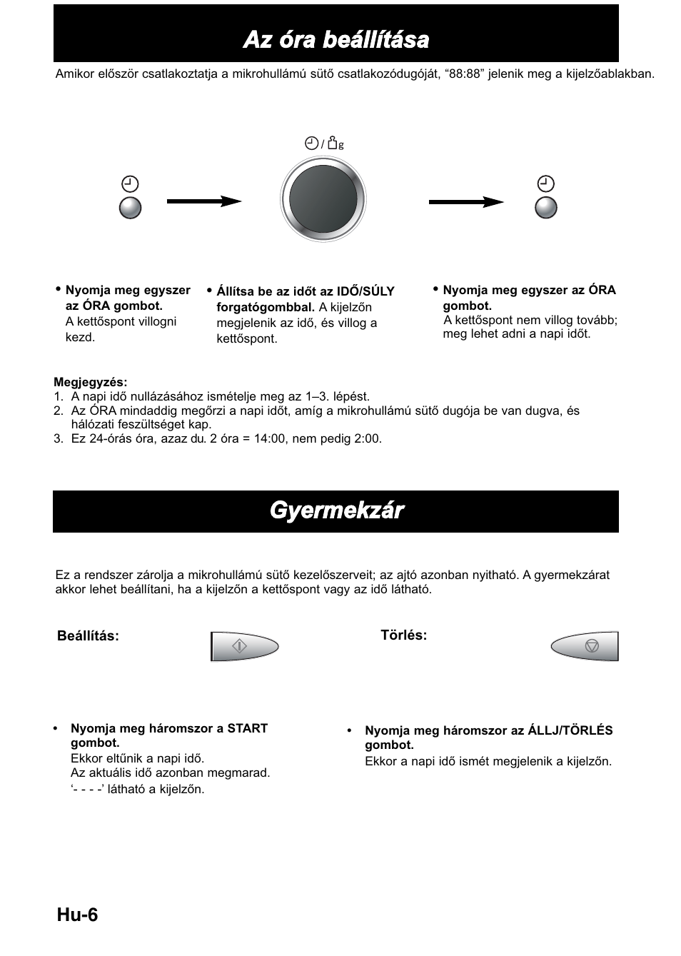 Az óra beállítása, Gyermekzár, Hu-6 | Panasonic NNGD368M User Manual | Page 8 / 21