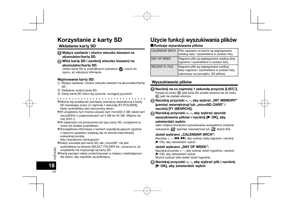 U¿ycie funkcji wyszukiwania plików, Korzystanie z karty sd | Panasonic RRXS420E User Manual | Page 102 / 226