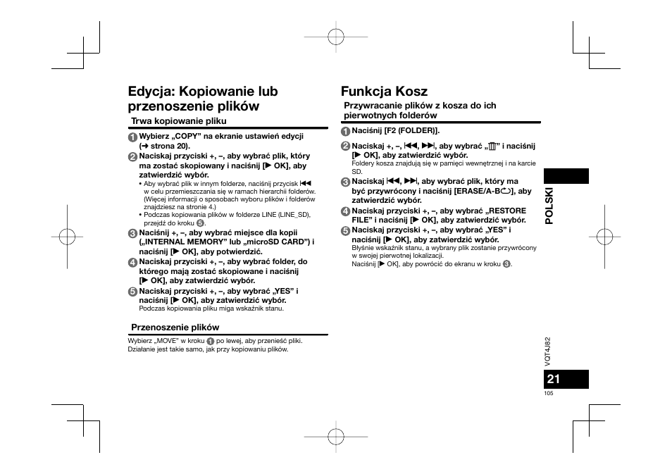 Edycja: kopiowanie lub przenoszenie plików, Funkcja kosz | Panasonic RRXS420E User Manual | Page 105 / 226