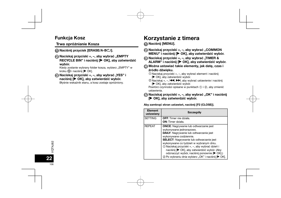 Korzystanie z timera, Funkcja kosz | Panasonic RRXS420E User Manual | Page 106 / 226
