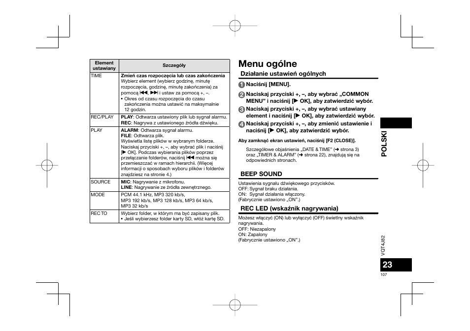 Menu ogólne, Polski | Panasonic RRXS420E User Manual | Page 107 / 226