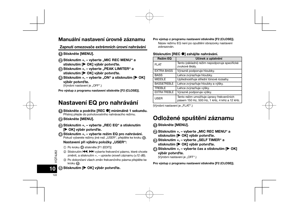 Odložené spuštìní záznamu, Nastavení eq pro nahrávání, Manuální nastavení úrovnì záznamu | Panasonic RRXS420E User Manual | Page 122 / 226