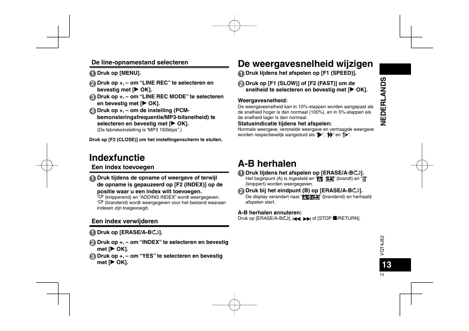 De weergavesnelheid wijzigen a-b herhalen, Indexfunctie | Panasonic RRXS420E User Manual | Page 13 / 226