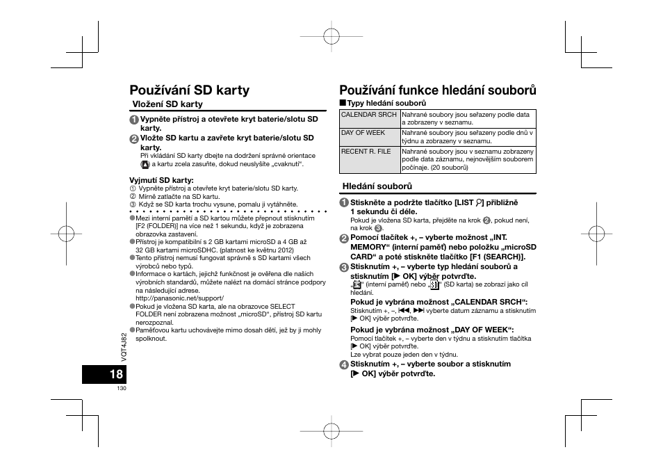 Používání funkce hledání souborù, Používání sd karty | Panasonic RRXS420E User Manual | Page 130 / 226