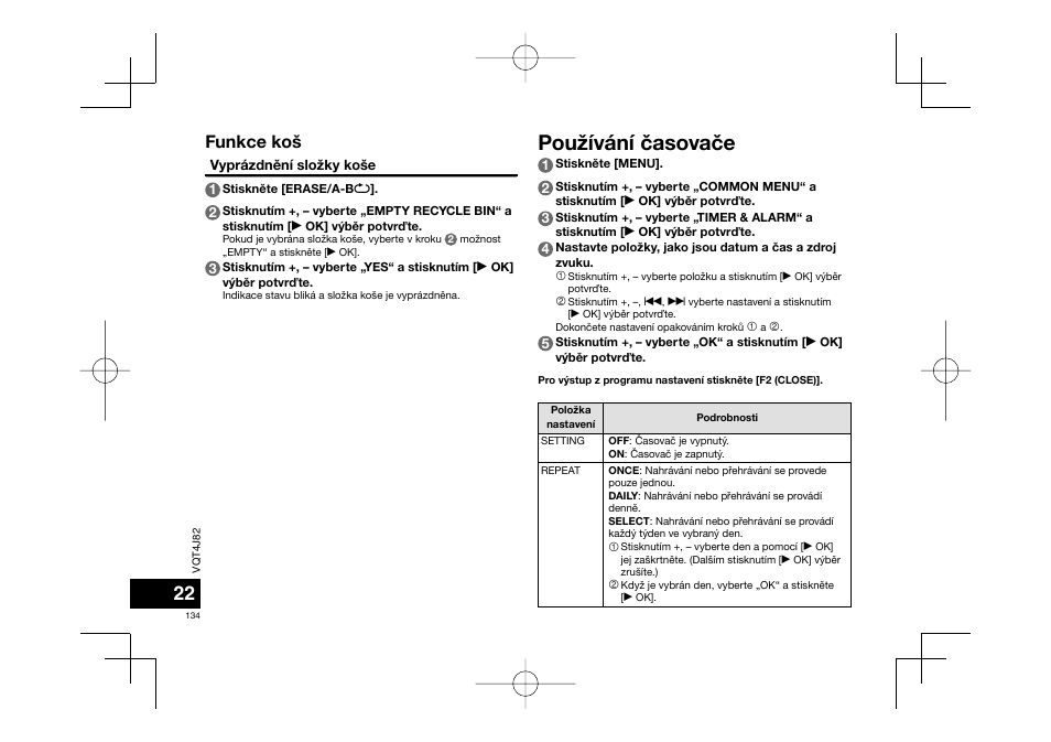 Používání èasovaèe, Funkce koš | Panasonic RRXS420E User Manual | Page 134 / 226